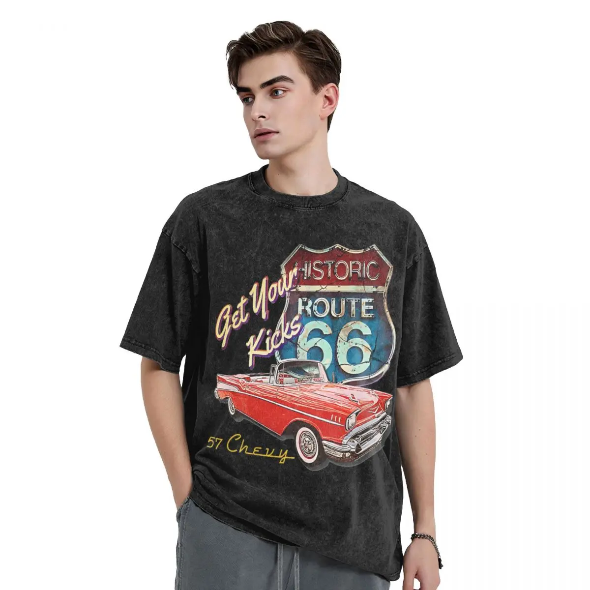 Washed T Shirt Route 66 Street Hip Hop Fashion T-Shirts Harajuku Cruise America Streetwear Printed Tops Tees for Men Women