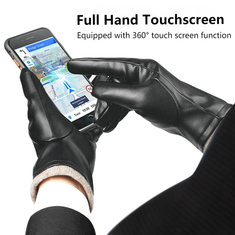 Winter PU Leather Men Gloves with Wool Lining Warm Thermal Touchscreen Business Texting Typing Driving Motorcycle Sport Gloves