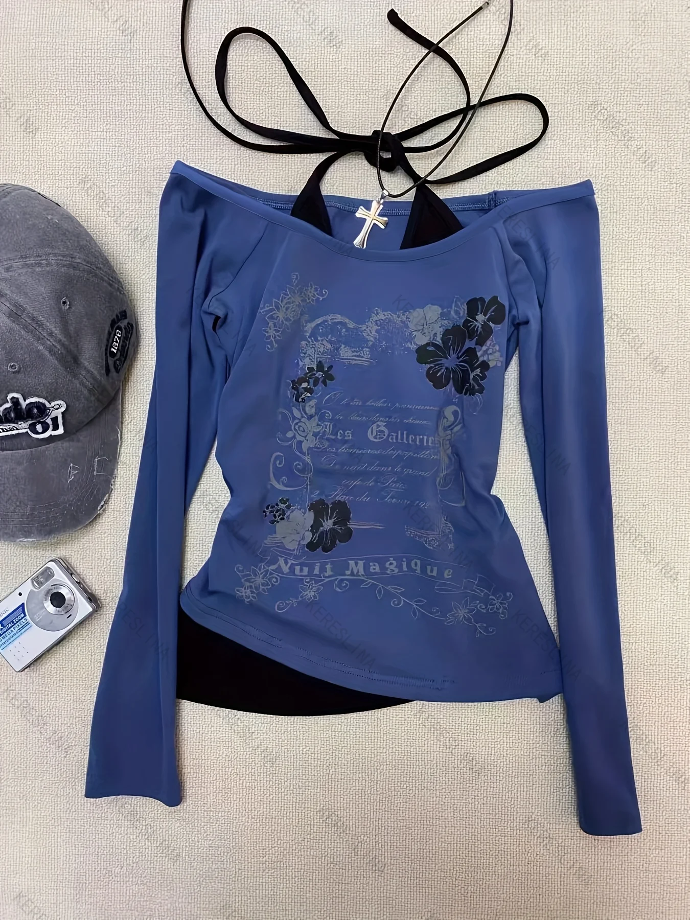 

Летний сладкий ретро Y2k SlimFit Универсальный висящий воротник с длинным рукавом Искусственный топ из двух предметов Американский уличный женский топ с длинными рукавами