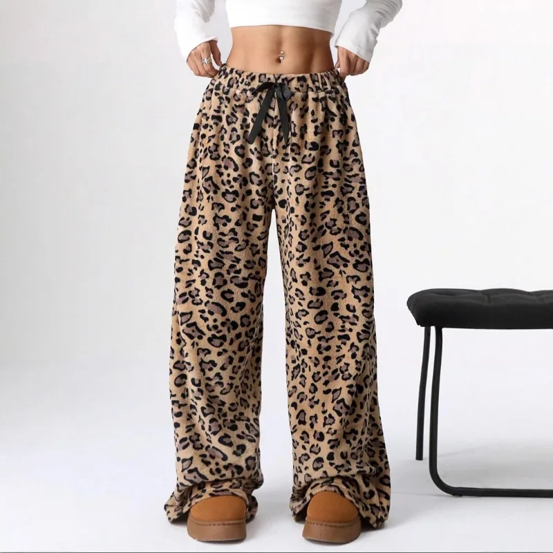 

American Fashion New Casual Pants Women's Autumn Loose Leopard Print Long Drawstring Wide Leg Pants Female Clothing