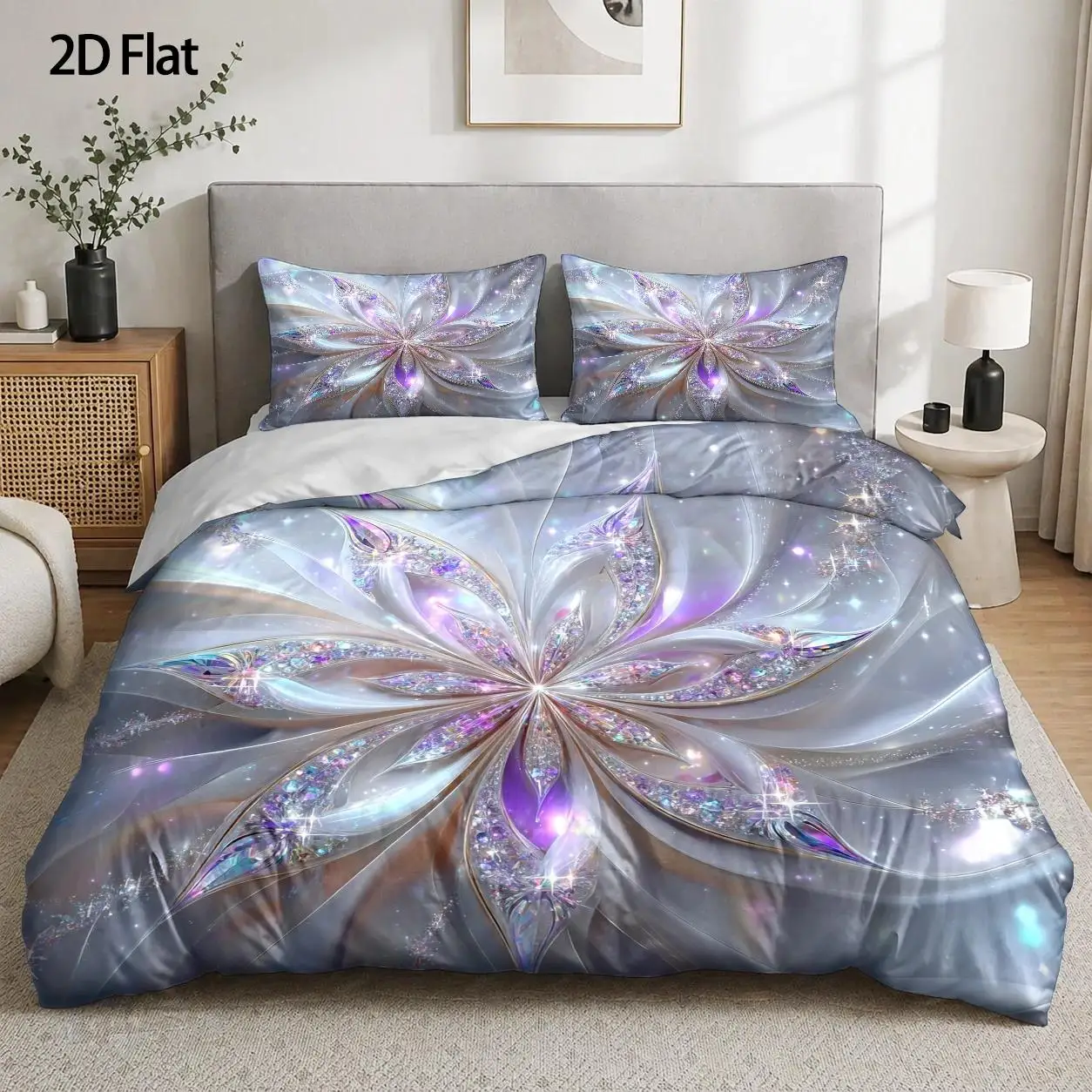 Crystal Petal Theme Valentine's Day Duvet Cover Set 3 Piece Double Bed Polyester Breathable Invisible Zipper Duvet Cover 2 Pillowcases Student Dorm