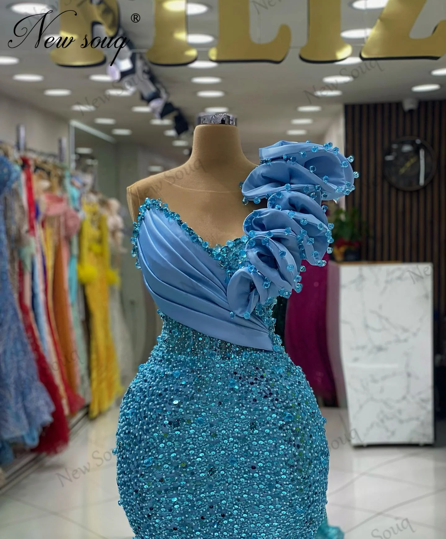 Glitter Blue Evening Dresses Women Elegant Tiered Mermaid Red Carpet Runway Dress Dubai Couture Beaded Engagement Party Dress