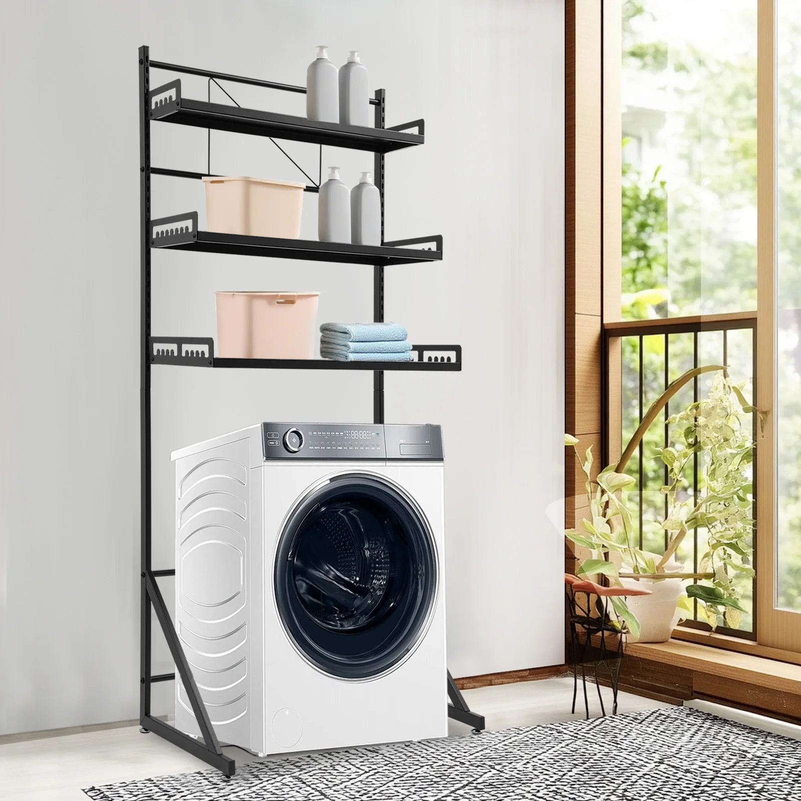 

3-Tier Washing Machine Organizer Rack for Laundry Room Black Steel Storage Shelf Over Washer Storage Tower with Adjustable Heigh