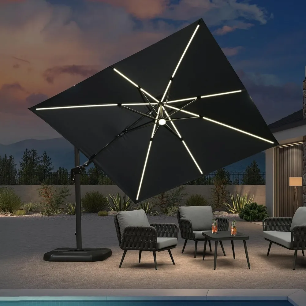 

10 Feet Patio Umbrella Outdoor, Cantilever Solar Powered LED Swivel Square Umbrellas w/360-degree Rotation, Patio Umbrella
