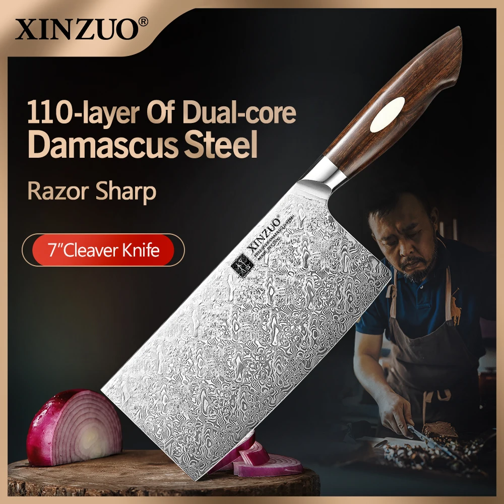 XINZUO 7'' Inches Professional Cleaver Meat Knife  High Carbon 110 Layers Damascus Steel Sharp Meat Vegetable Kitchen Chef Knife