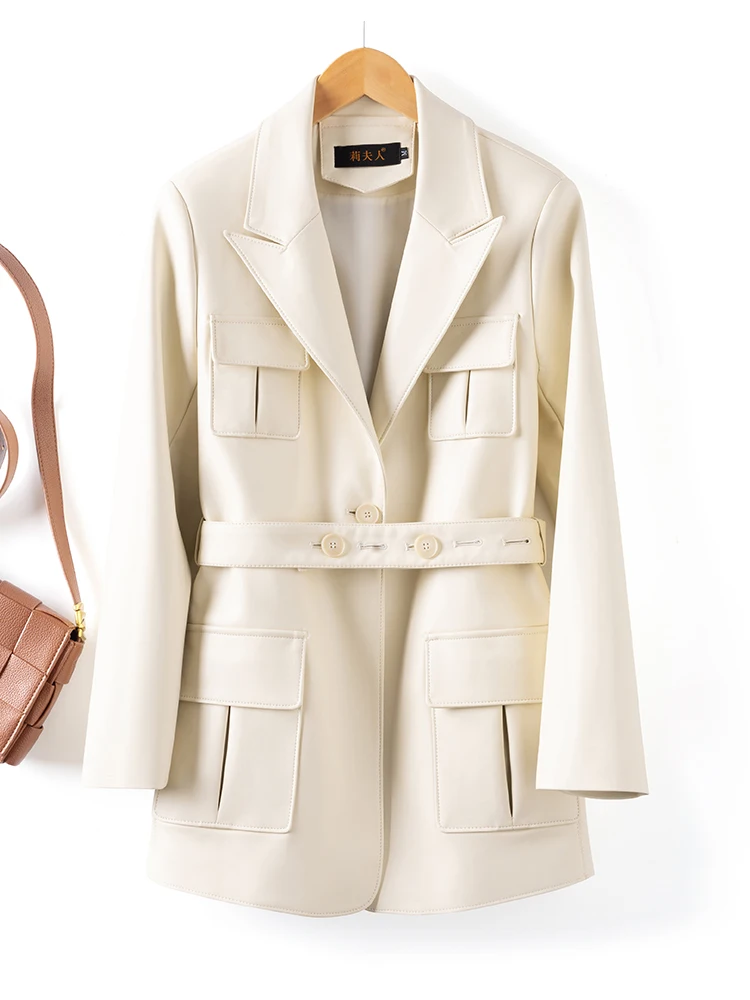 本革シープスキンコート女性のミッドレングスベルト付きウエストスリミングスーツ襟ジャケット秋冬新作通勤スレ