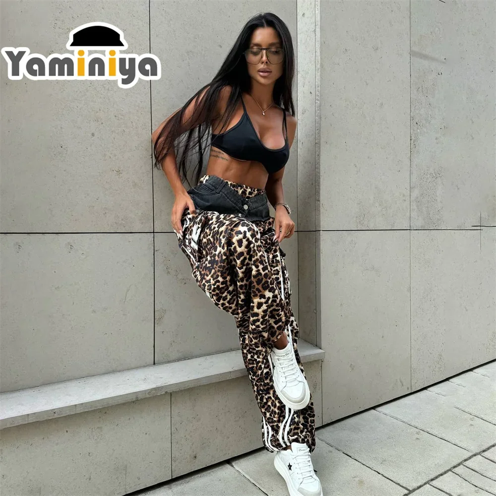 Yaminiya Autumn Women's Casual Wide Leg Leopard Pants Cowboy Spliced Striped Vintage American Style Sweatpants Y2k Sweatpants