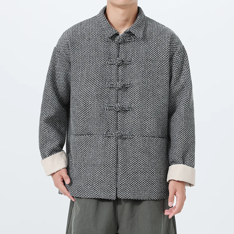 

Новая китайская свободная мужская шерстяная куртка-кардиган в клетку для осени и зимы, высококачественная верхняя одежда в стиле Тан, открытое пальто