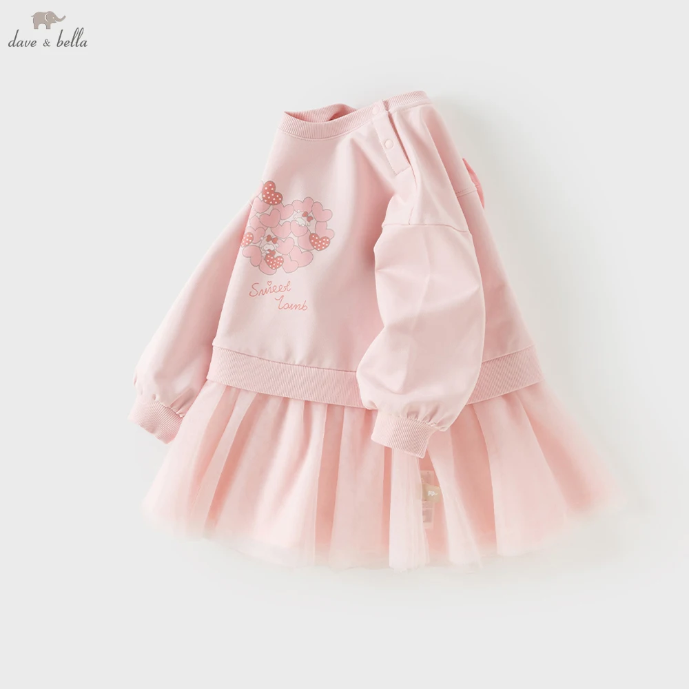 Dave Bella Girls Sweatshirt Mesh Dresses Children Cute Printed Autumn Spring Long Sleeve Dress Bow Party Clothes DB3263026