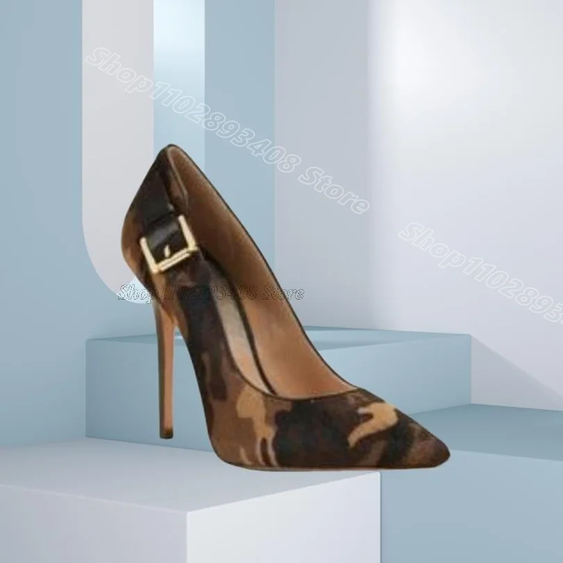 

Camouflage Slip on Stiletto Pumps Pointed Toe Buckle Decor British Style Women New Stylish Dress Shoes 2025 Zapatos Para Mujere