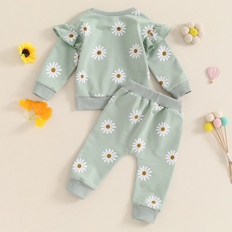 2024-05-24 Lioraitiin Toddler Girl Fall Outfit Daisy Print Bluza z długim rękawem i elastycznymi spodniami w pasie 2-częściowy zestaw