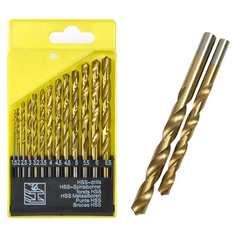 High Speed Steel Twist Drill Bit Set Titanium Coated Hole Saw Cutter Round Shank Gun Drill Bit Plastic Metal Woodworking Tools