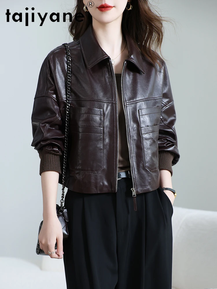 TAJIYANE 100% chaqueta de piel de oveja de grano superior, chaquetas cortas de cuero genuino para mujer, abrigos Retro para mujer, ropa de otoño 2025, ropa para mujer 상한