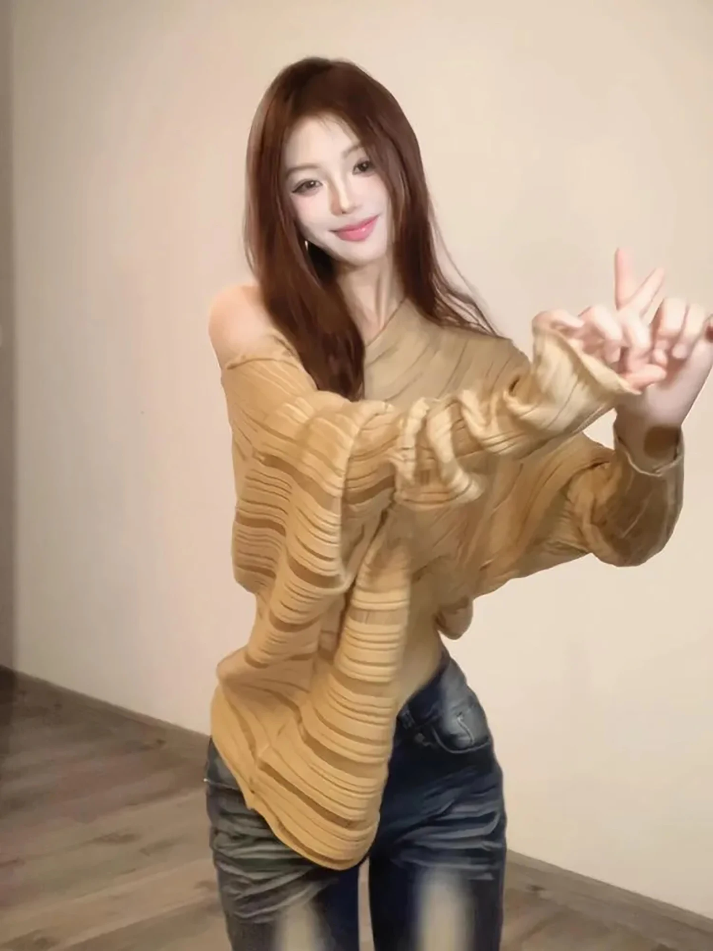 

Khaki Open-oulder Knitted Sweater Women's Loose Lazy Summer New Sle French Sle Soft Long Sve Batwing Sve Top