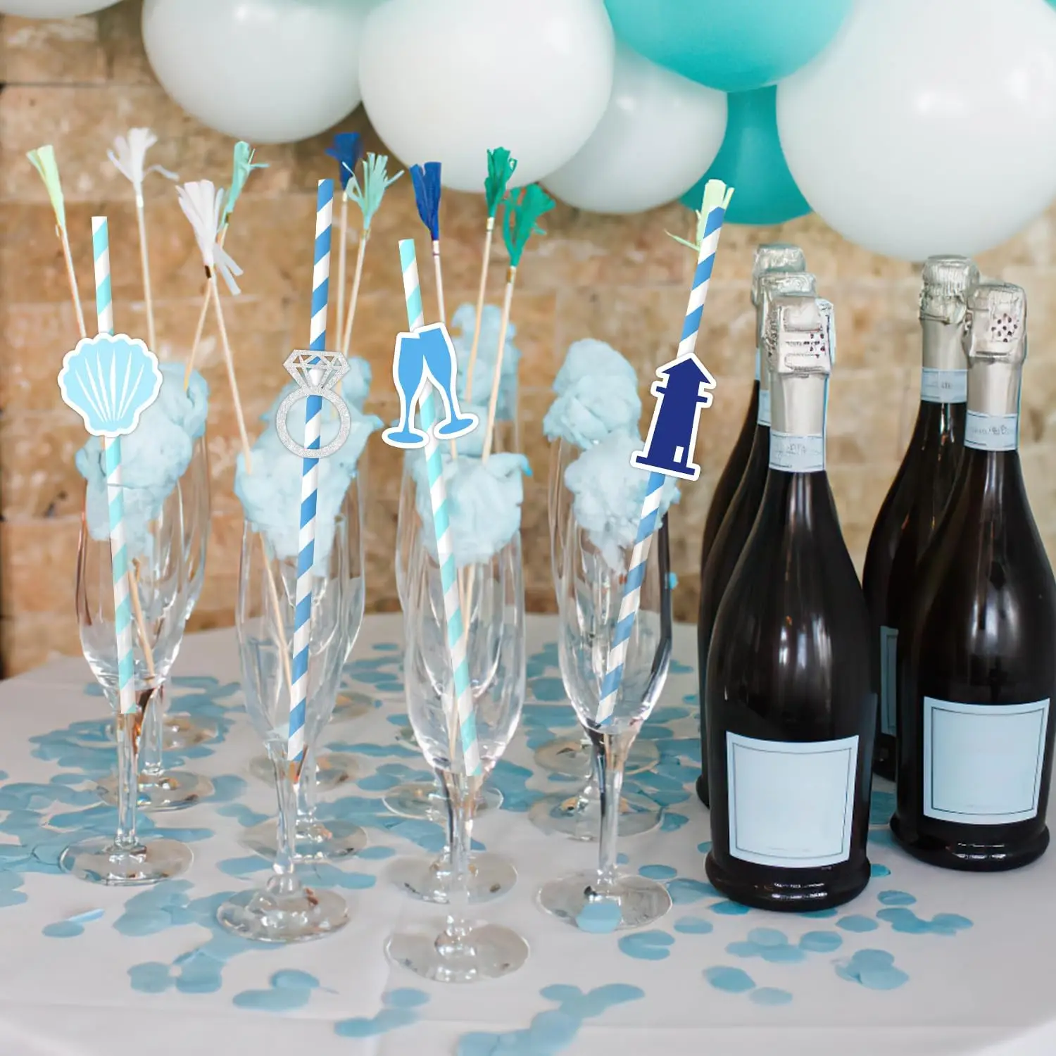 Sursurprise Blue Striped Paper Straws Coastal Bridal Shower Party Decorations Shell Diamond Ring Champagne Engagement Supplies