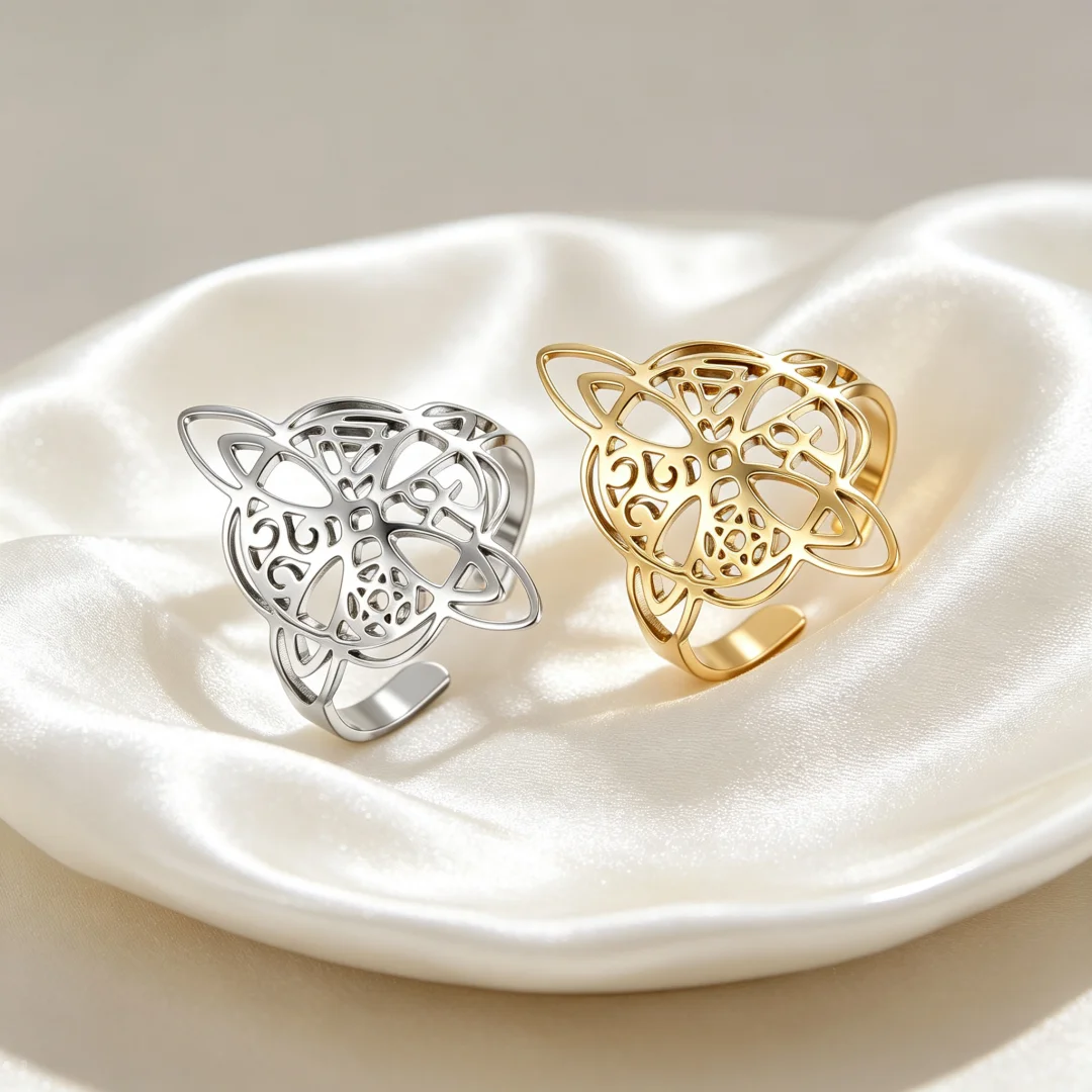 Celtic Witches Knot Ring Adjustable Hollow‑cut Stainless Steel Ring Wicca Spiritual Talisman Amulet Protection Ring Women Gift