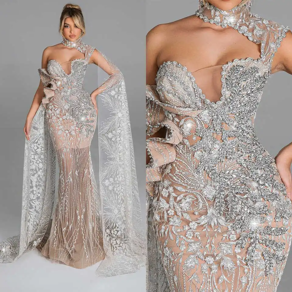 Vestido de novia de sirena Sexy, vestidos de novia con cuentas de lentejuelas y diamantes, Vestido de novia personalizado sin mangas con ilusión de un hombro