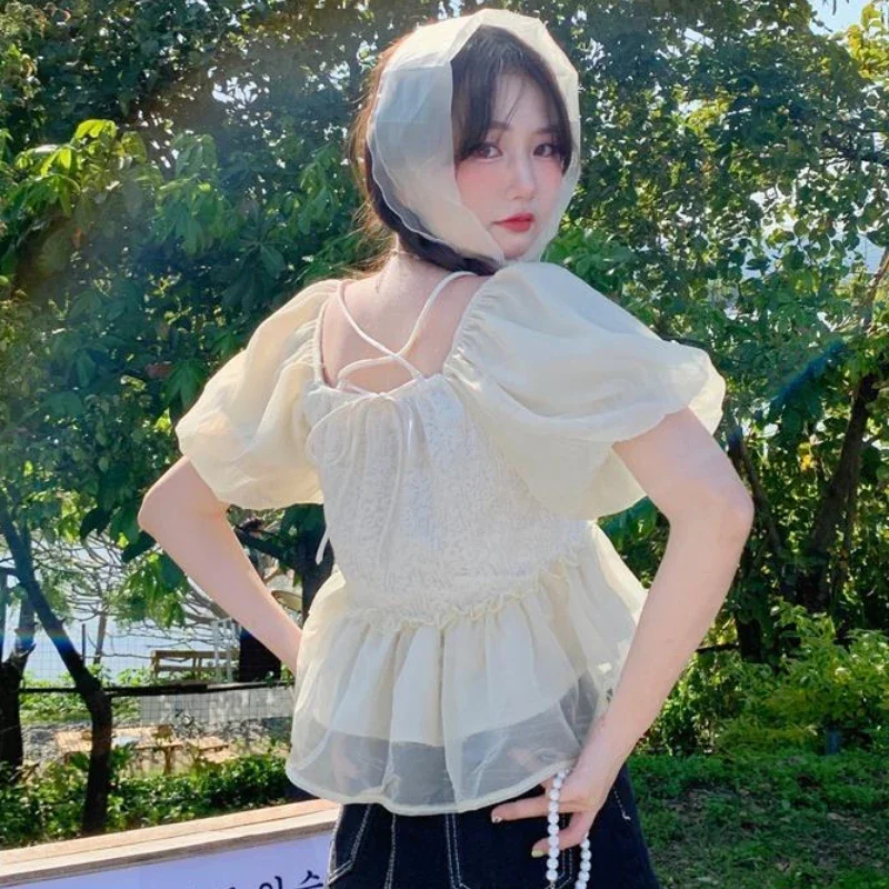 

Милые сетчатые блузки, женские нежные укороченные топы с пышными рукавами, корейская мода, летние студенческие девушки, повседневная марлевая уличная одежда Kawaii, новинка