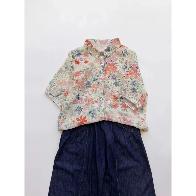 

Women Floral Print Blouse Watercolor Flower Short Sleeve Cotton Summer Casual Top