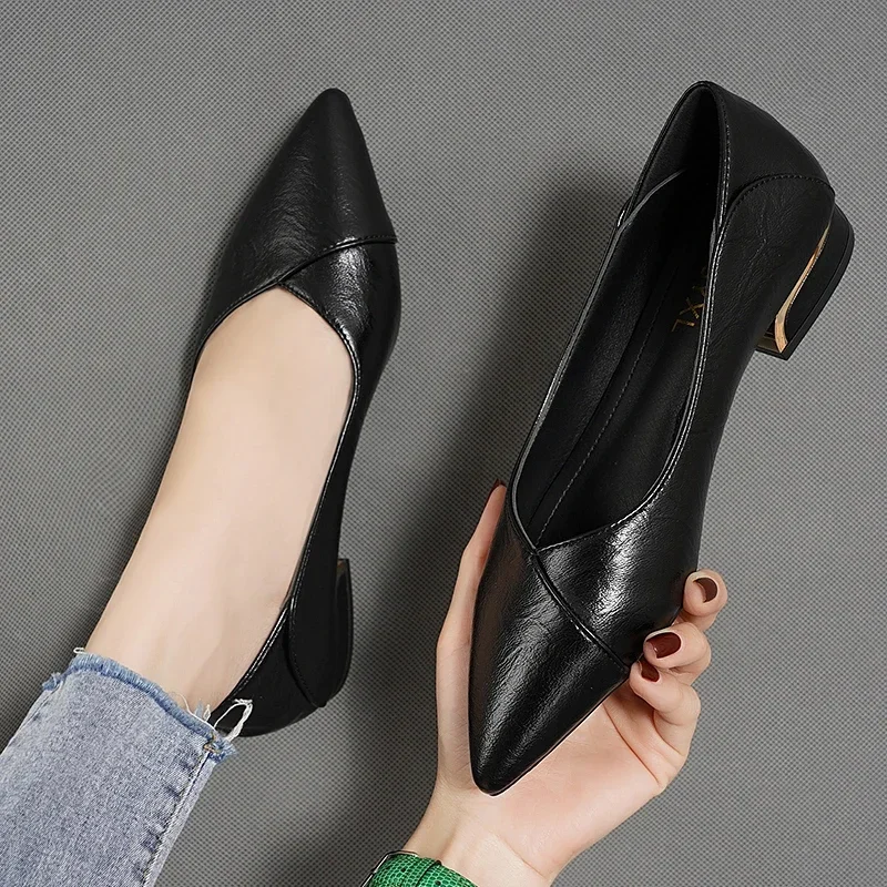 2024 Spring and Autumn New Single Shoes Women Thick Heel Pointed Toe Shallow Mouth Professional All-match Women's Leather Shoes