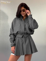 Clacive Fashion Loose Gray Office Women's Two Pieces Set 2025 Elegant Long Sleeve Shirt With High Waist Pleated Mini Skirt Set