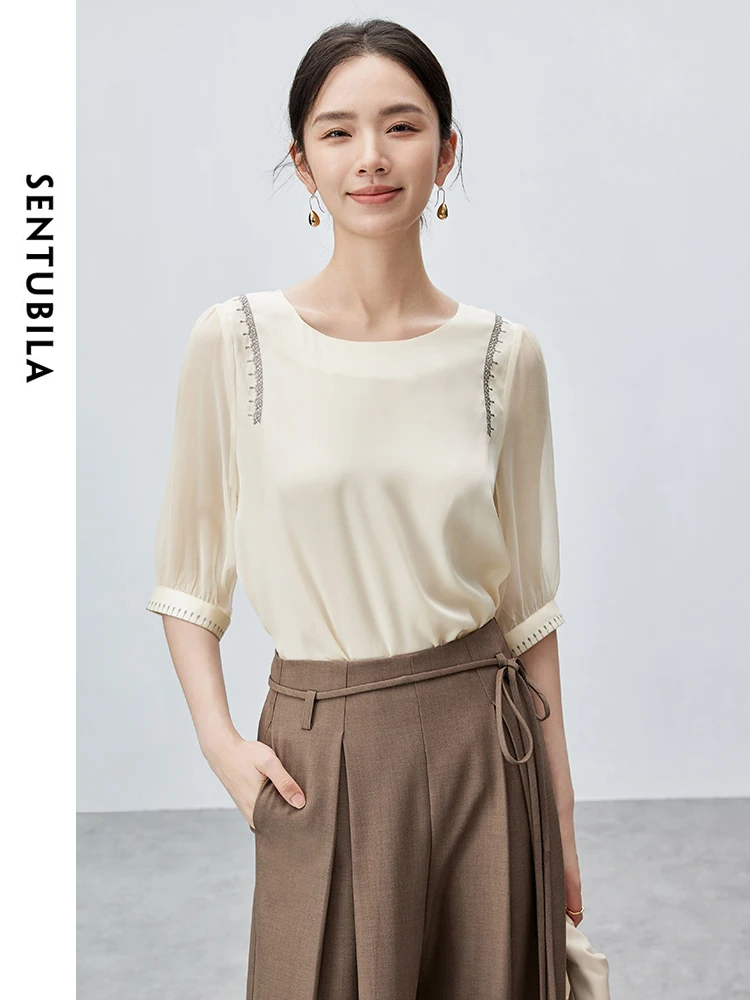 SENTUBILA Elegant Embroidery Blouse for Women 2024 Summer Straight Chiffon Half Sleeve Round Neck Simple Women Tops 142V55557