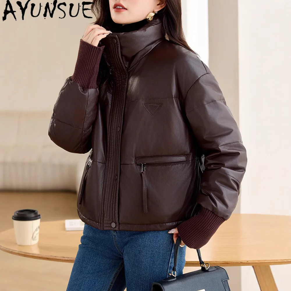 AYUNSUE Real Sheepskin Genuine Leather Jacket Women 2025 Winter Clothes Short Style White Goose Down Womens Coat Loose Fit