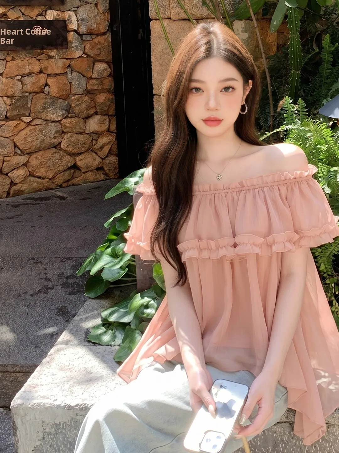 

Sexy Flounce Sleeve Chiffon Top Women's Summer Loose Slimming Inner Wear Sweet Style Princess Cut Short Sleeve Midi Length