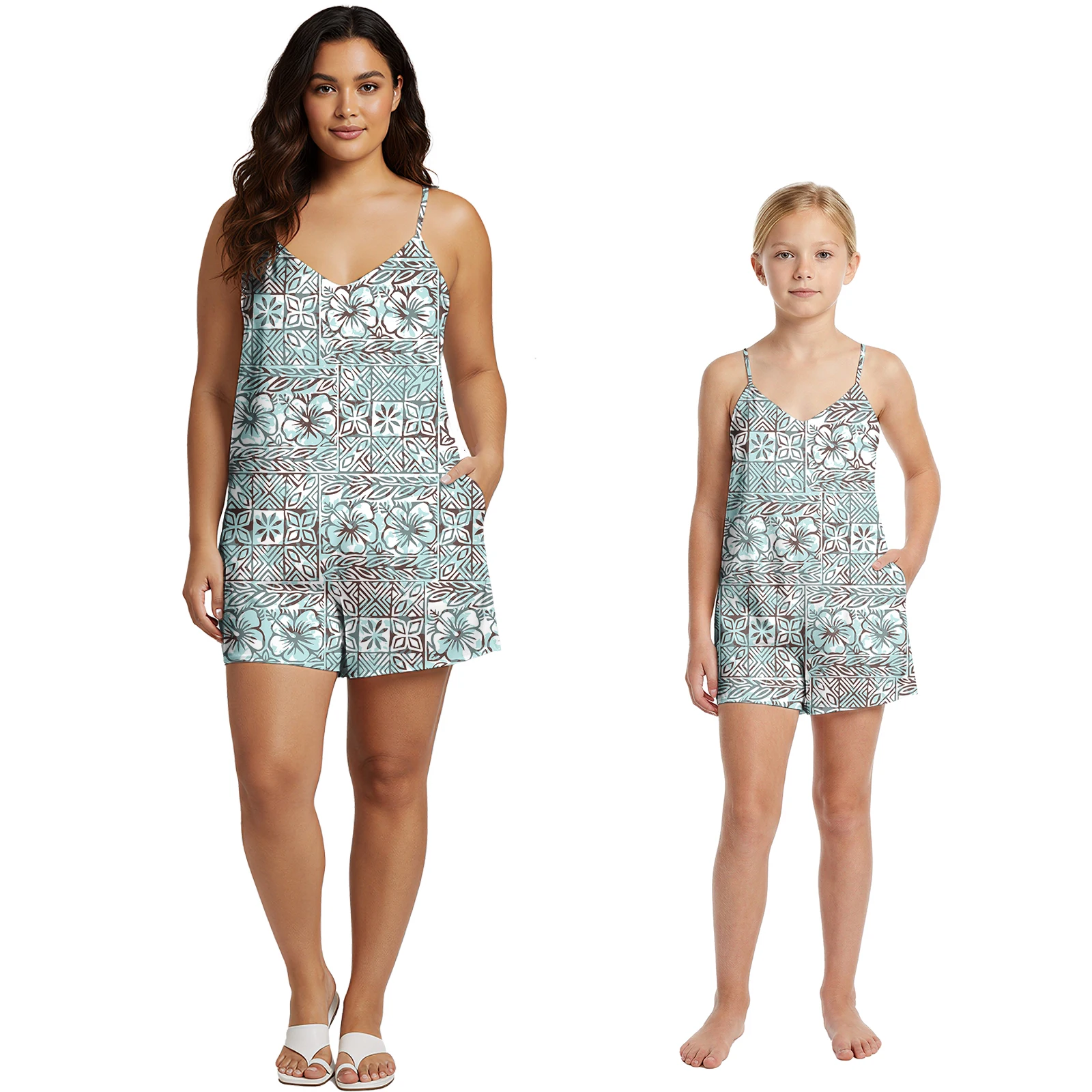 Samoa Girls Halter Playsuits Hawaiian Elegant Women's Jumpsuits Polynesia Tribal Sexy Mother and Me Custom Beach Hibiscus Romper
