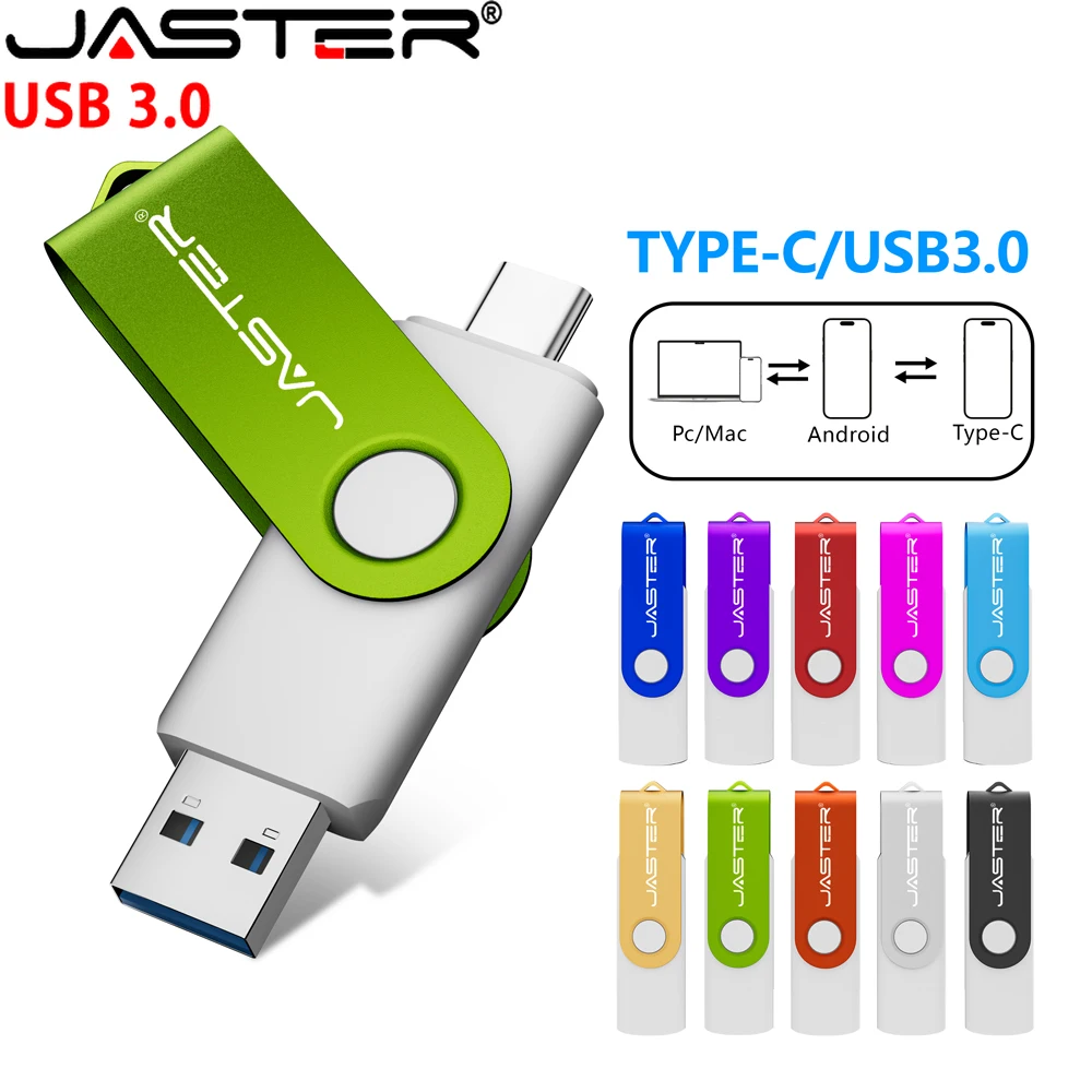 

JASTER TYPE-C 2 IN 1 USB 3.0 Flash Drive 8GB USB-C Memory Stick 16GB 32G Metal Rotatable Pen Drive 4G 128G Green USB3.0 Disk 64G