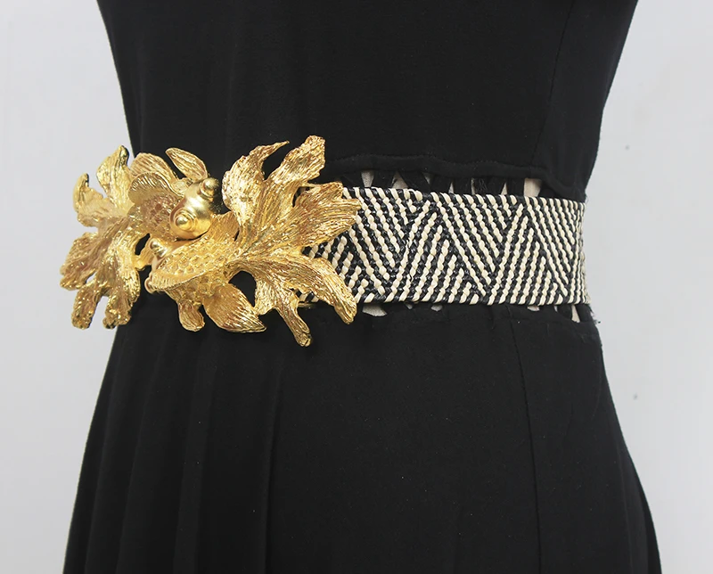 Women's Runway Fashion Gold Fish Buckle Knitted Cummerbunds Female Dress Corsets Waistband Belts Decoration Wide Belt R1538