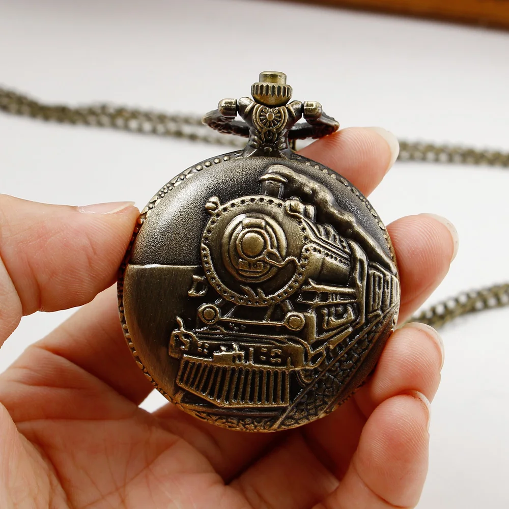 Bronze Train Locomotive Engine Retro Quartz Pocket Necklace Pendant Watch Chain Clock Best Gifts for Men cf1070