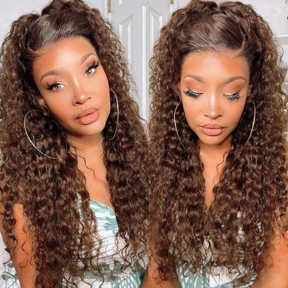 Chocolate Brown 13x4 Lace Frontal Wig Lace Front Kinky Curly Human Hair Wigs Transparent 4×4 Lace Closure Curly Wig for Women