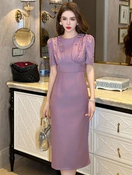 Luxury Midi Dress Women's French Diamond Sequin Flower Bubble Sleeve Robe OL Business Party Banquet Vestidos