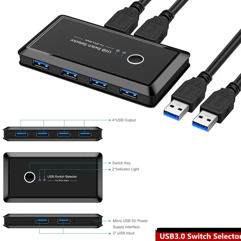 USB 4-Port Switch Shared Two in Four Out Splitter USB 2.0/3.0 Scanner Printer Shared Switch