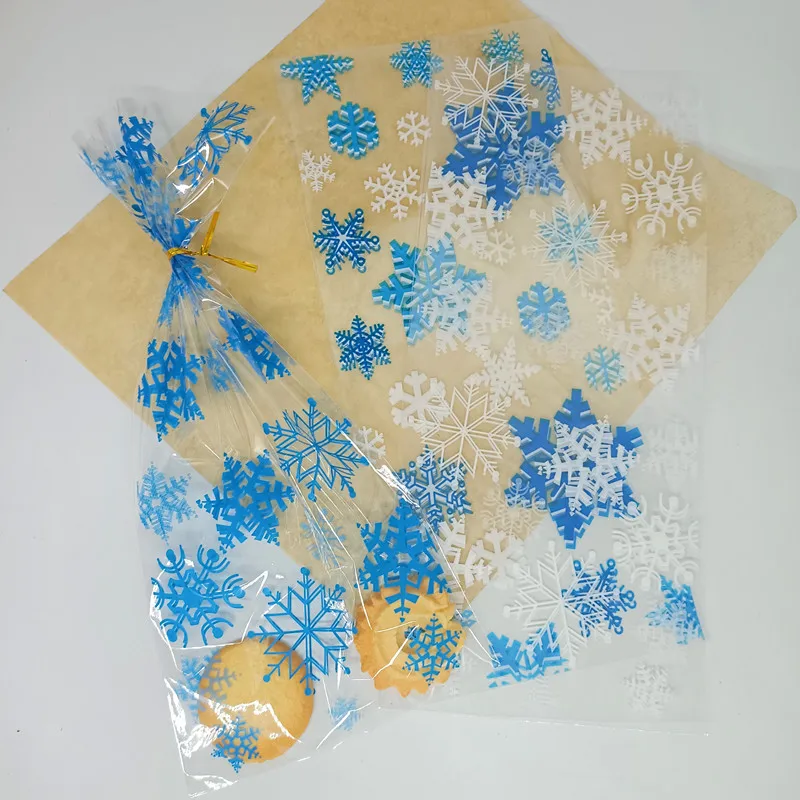 Snowflakes Plastic Bags Transparent Open Top Packing Cookie Candy Wedding Christmas Cellophane Party Favor Bag Xmas Supplie 50pc