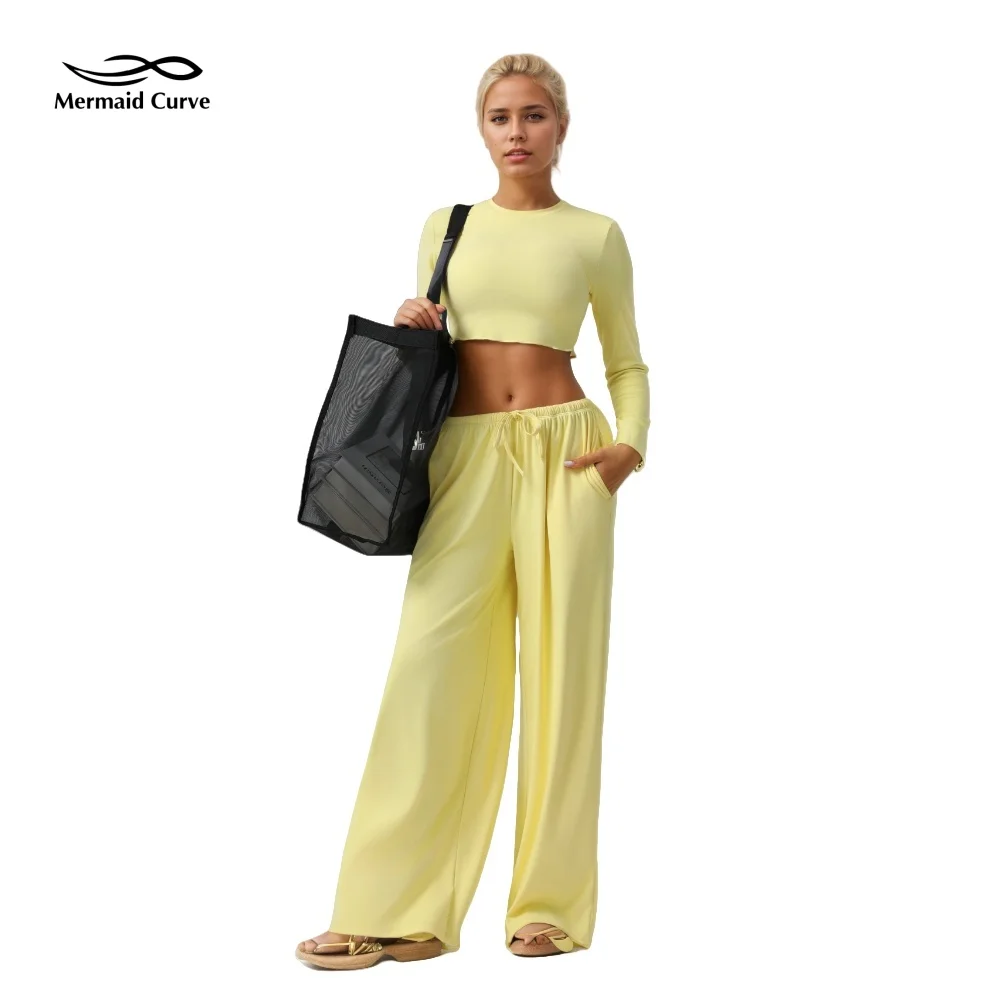 

Mermaid Curve Women's Sports 2-piece Suit Loose Drooping Wide-leg Pant Yoga Suit Slim Long-sleeved Top Fitness Set Tracksuit