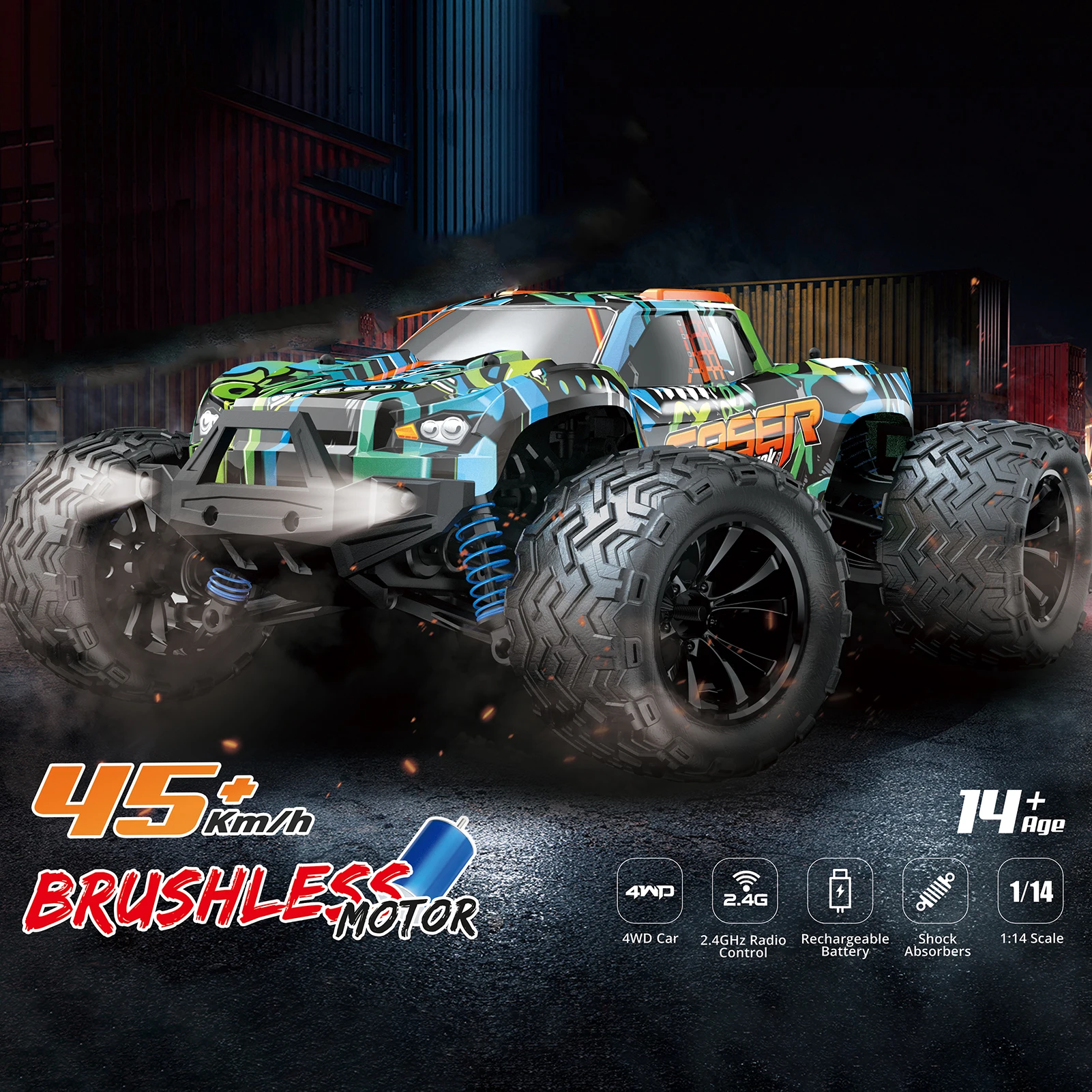 Remote Control Car 1/14 2.4GHz 45km/h All Terrain Off Road Trucks 4WD Brushless Motor Climbing Car Gifts Full Scale for Kids Adu