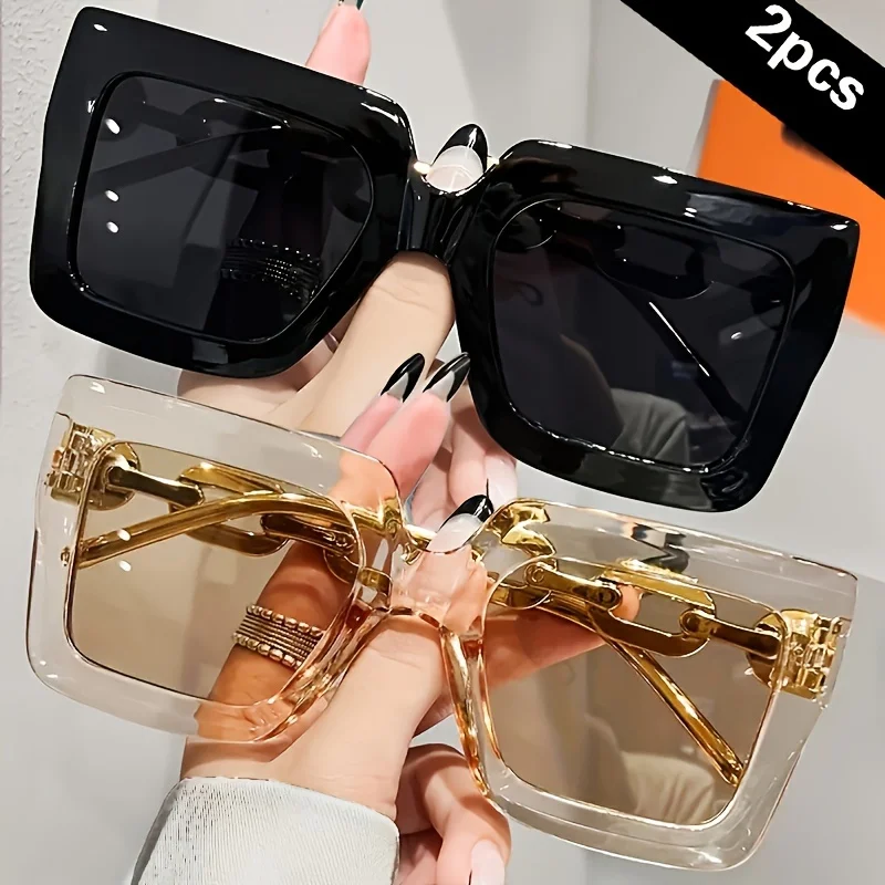 New 2pcs Luxury Oversized Fashion Sunglasses for Women - Large Square Frame with Anti-Glare Lenses, Golden & Rose Golden Accents