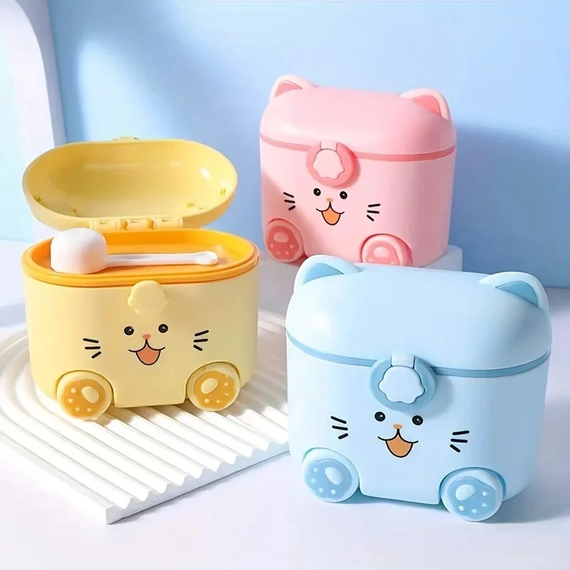 Cute Cat Milk Powder Container with Spoon and Lock, Portable Outdoor Food Storage Box, Snack Box Moisture Proof Airtight JJ5001