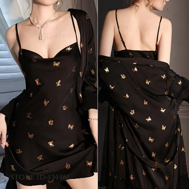 

New Female Nighty&Robe Set Nightgown Sexy Bronzing Butterfly Kimono Bathrobe Gown Night Dress Loose Satin Sleepwear Homewear