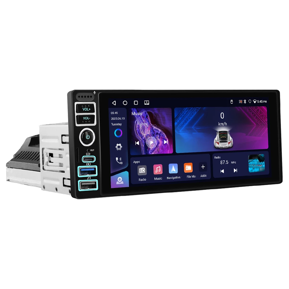 Podofo 4+64G Android 1DIN Carplay Autoradio 6,9 Zoll HD-Bildschirm GPS-Navigation Bluetooth USB-Player WIFI Mirror Link EQ FM RDS Auto-Audio