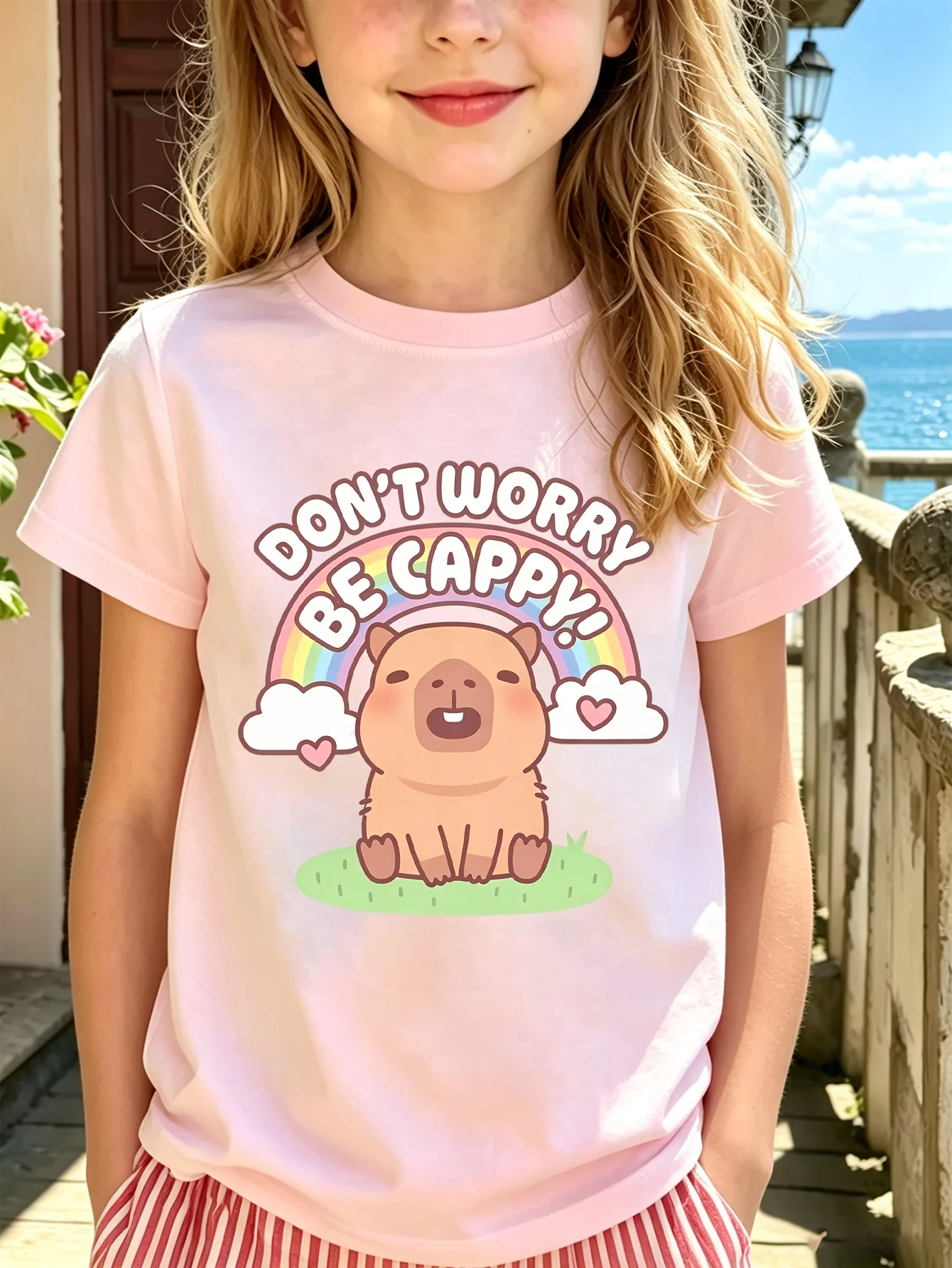 Rainbow Capybara Kid Tee Cute Cartoon Animal Letter Graphic Print Boys Girls Family Matching Cotton Short Sleeve Children Tshirt