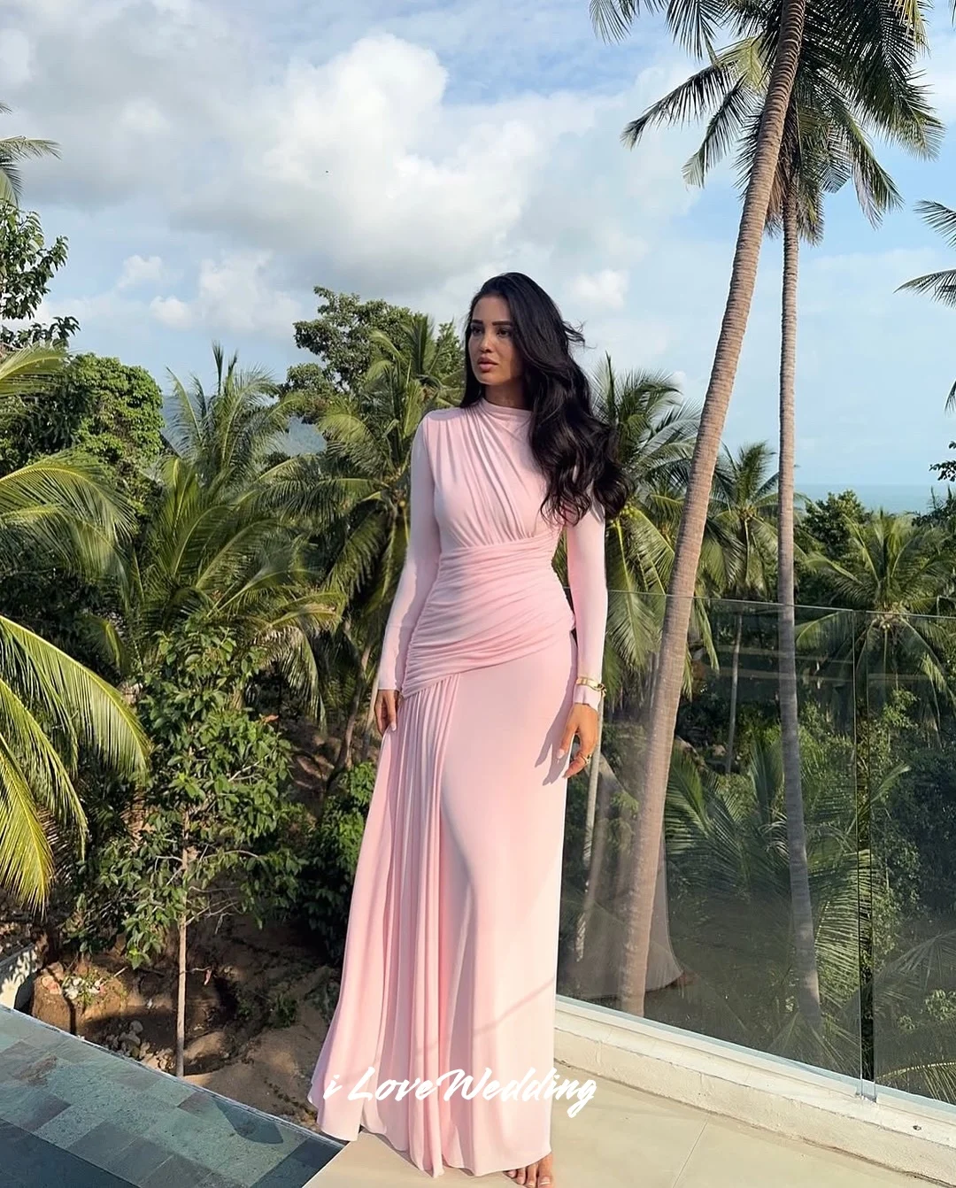 

Pink O-Neck Evening Dresses 2025 Long Sleeve Mermaid Pleated Elegant Floor-Length Prom Dresses Wedding Party Dresses Customized