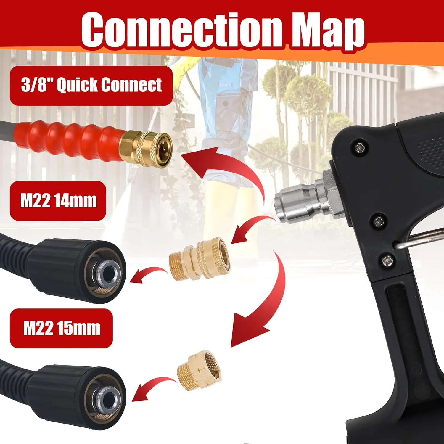 24피트 텔레스코핑 고압 세척기 완드, 3개의 곡선 완드, 7개의 노즐 팁, 조절 가능한 벨트 및 어댑터 포함, 고도 청소용