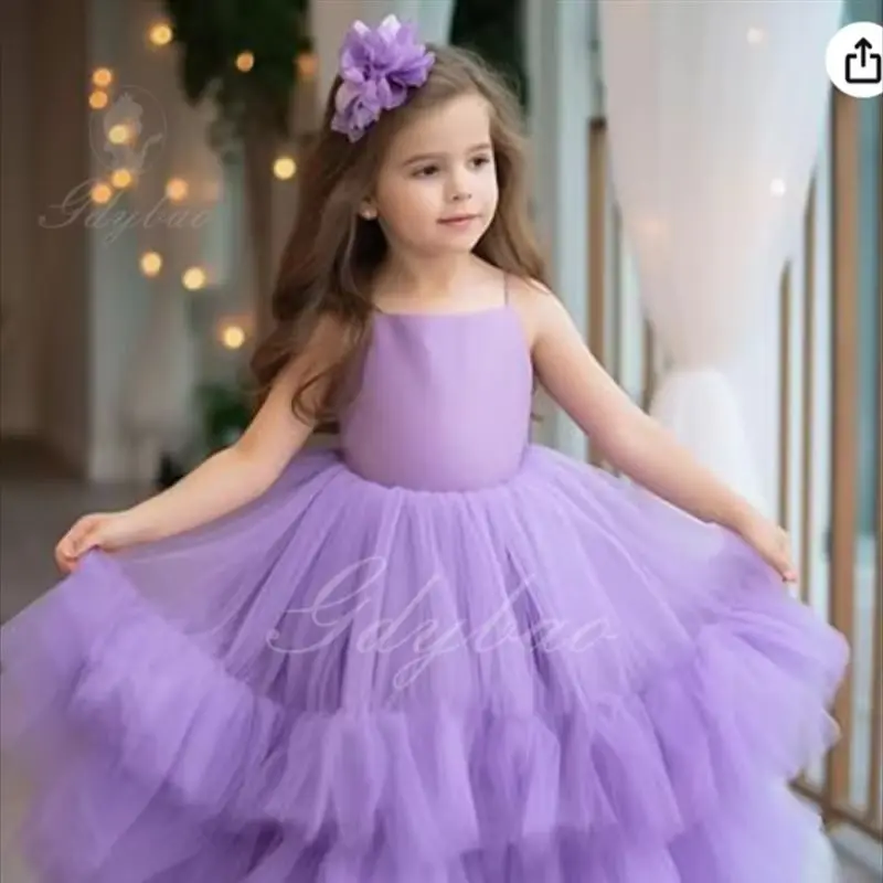 

Flower Girl Dress Tiered Tulle Criss Cross Back Spaghetti Straps Puffy Ruffles Ball Gown Girls Pageant Dresses