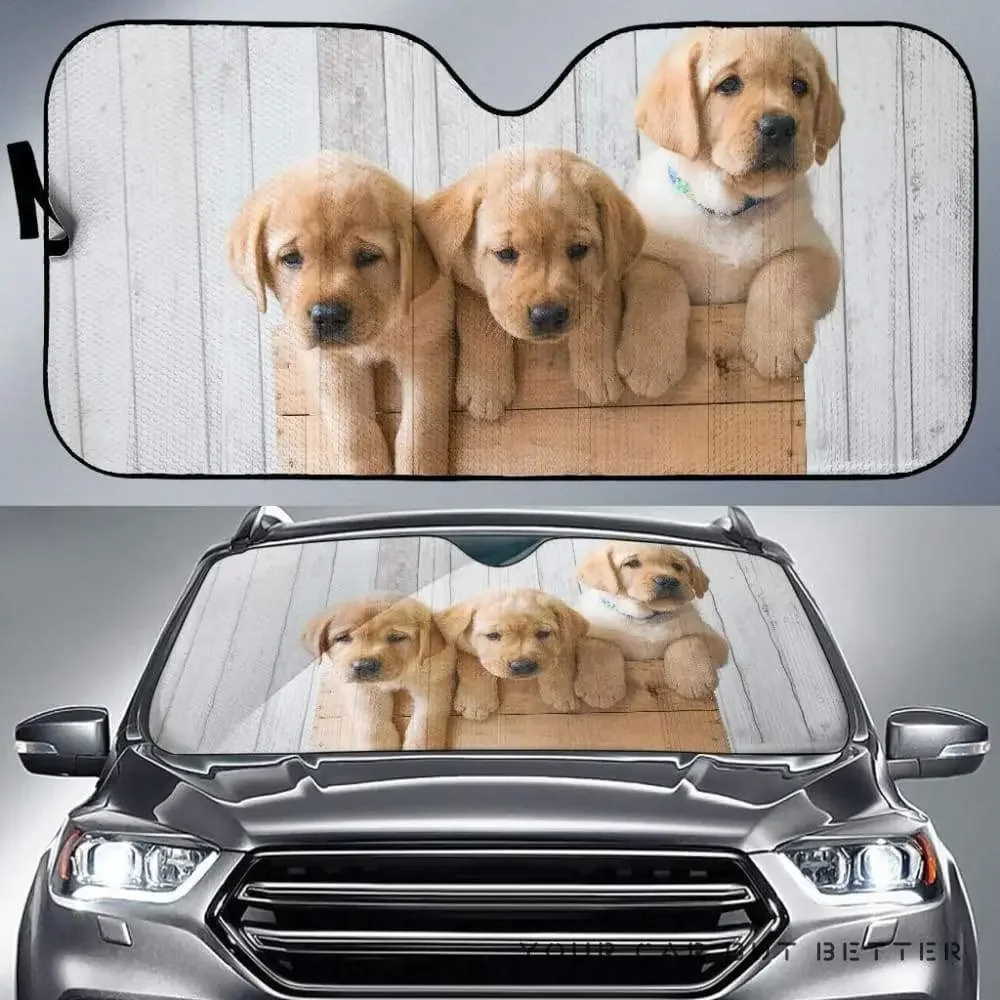 Cute Golden Retriever Puppies On Basket White Wooden Background Car Sunshade, Cute Golden Retriever Puppies Image Auto Sun Shade