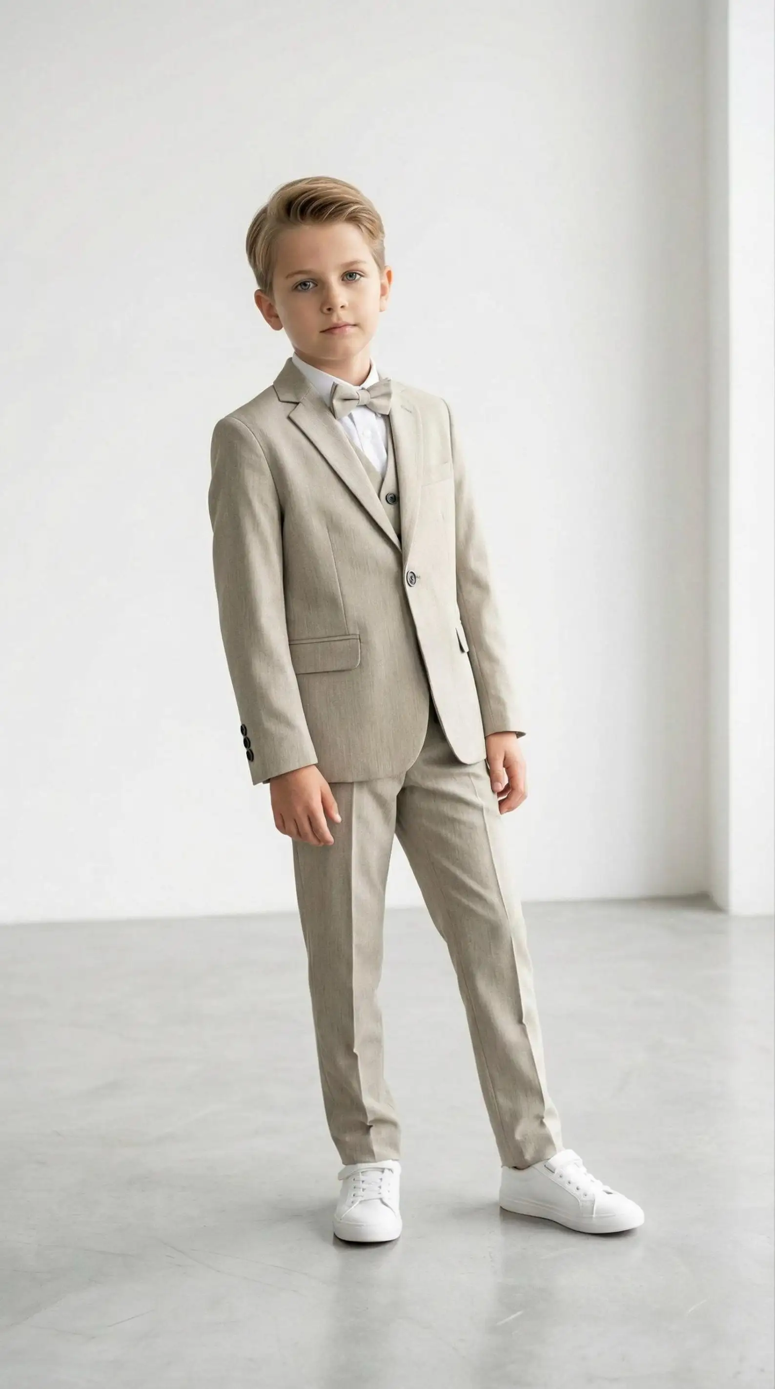 Boys Khaki Suit 3-Piece Bowtie Set Jacket Vest Pants Wedding Guest Ring Bearer Birthday Party Baptism School Event Prom