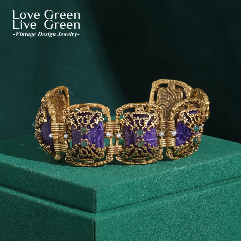 

Vintage Purple Bracelet Natural Stones Quartz Amethyst Antique Gold Color Charm Accessories Luxury Designers Jewelry 2025 New