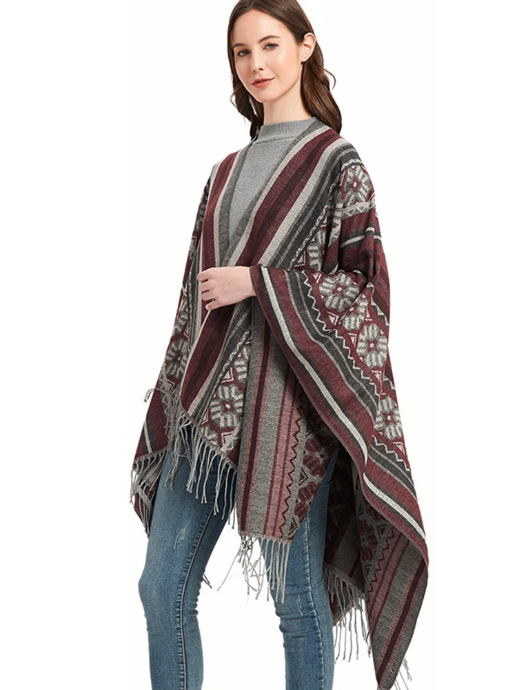 Nova moda cashmere feminino impressão geométrica borla divisão cachecol inverno quente xale longo envoltório feminino confortável boho cobertor grosso